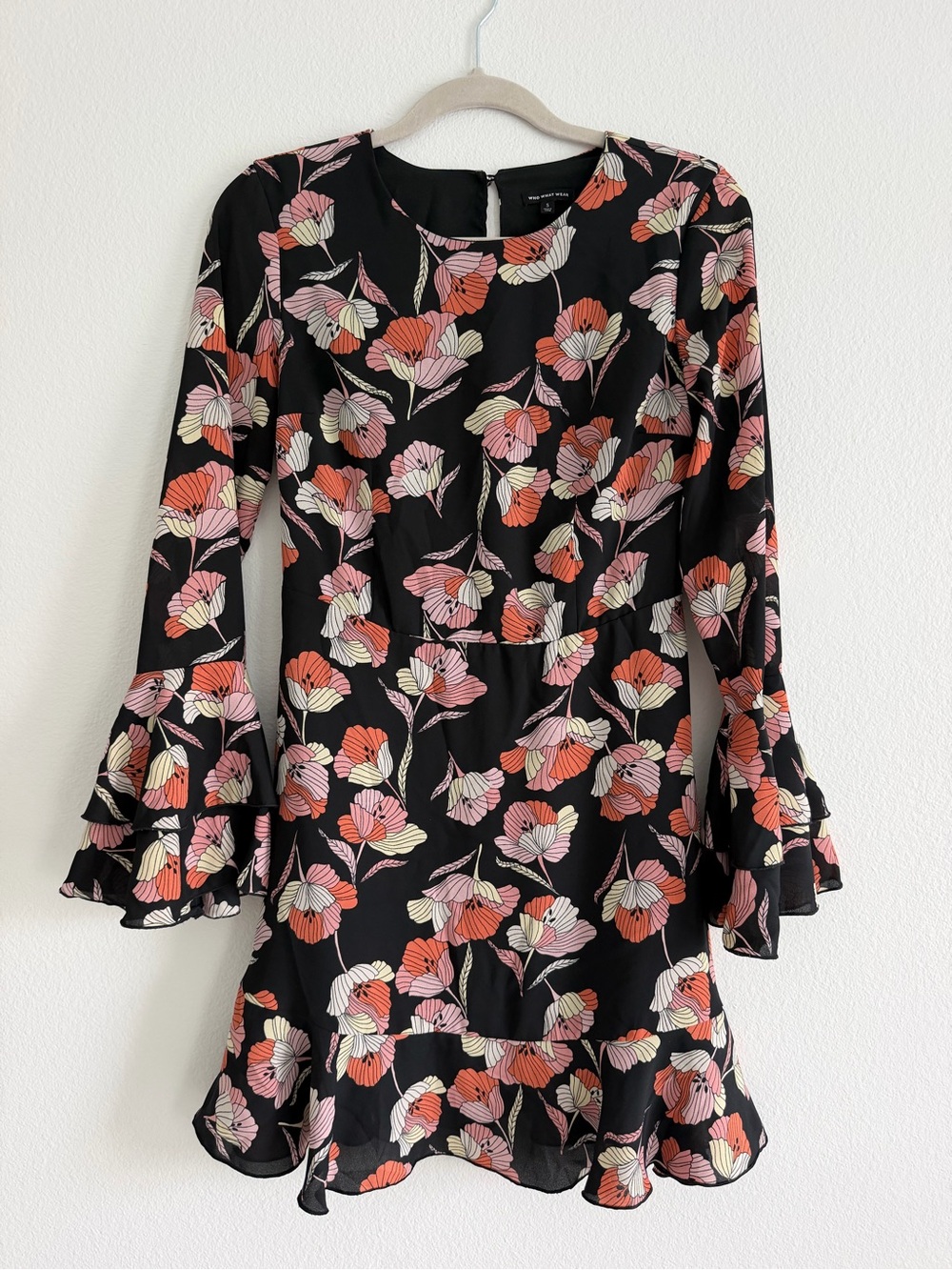 Who What Wear Black Floral Long-Sleeve Ruffle Dress